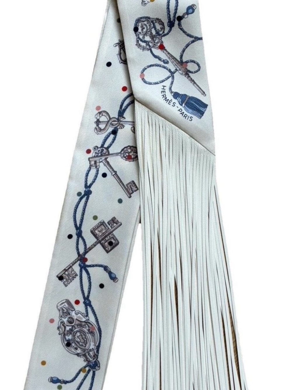 Hermes White Silk Twilly with Key Motif and White Leather Fringe